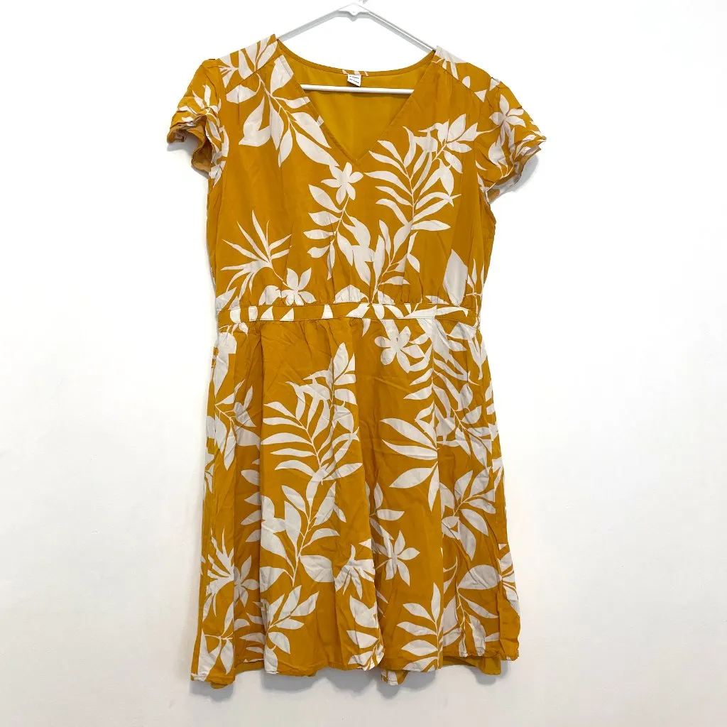 OLD NAVY Waist Defined V-Neck Dress Mustard Yellow White Floral Cap Sleeve Knee - Image 2