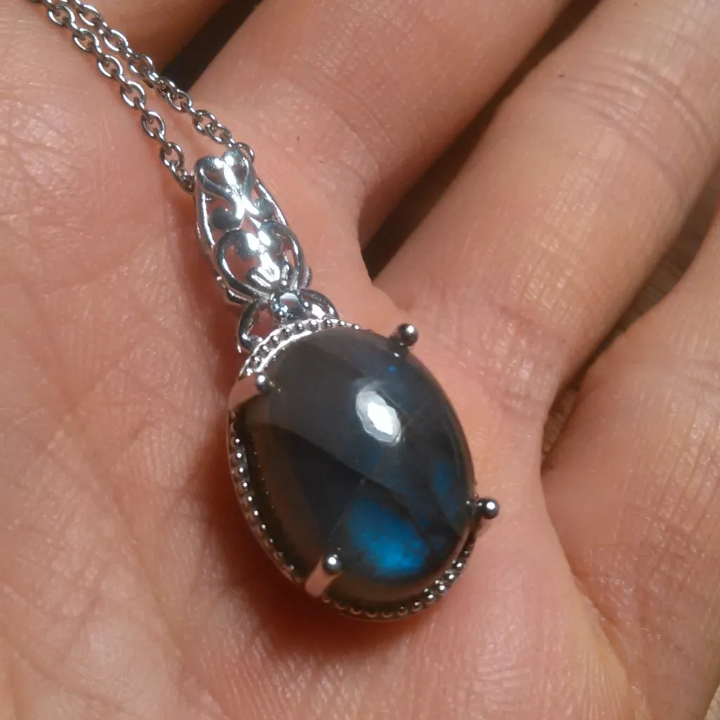 Malagasy Labradorite and Blue Topaz Platinum Bond Pendant Stainless Steel Chain - Image 13