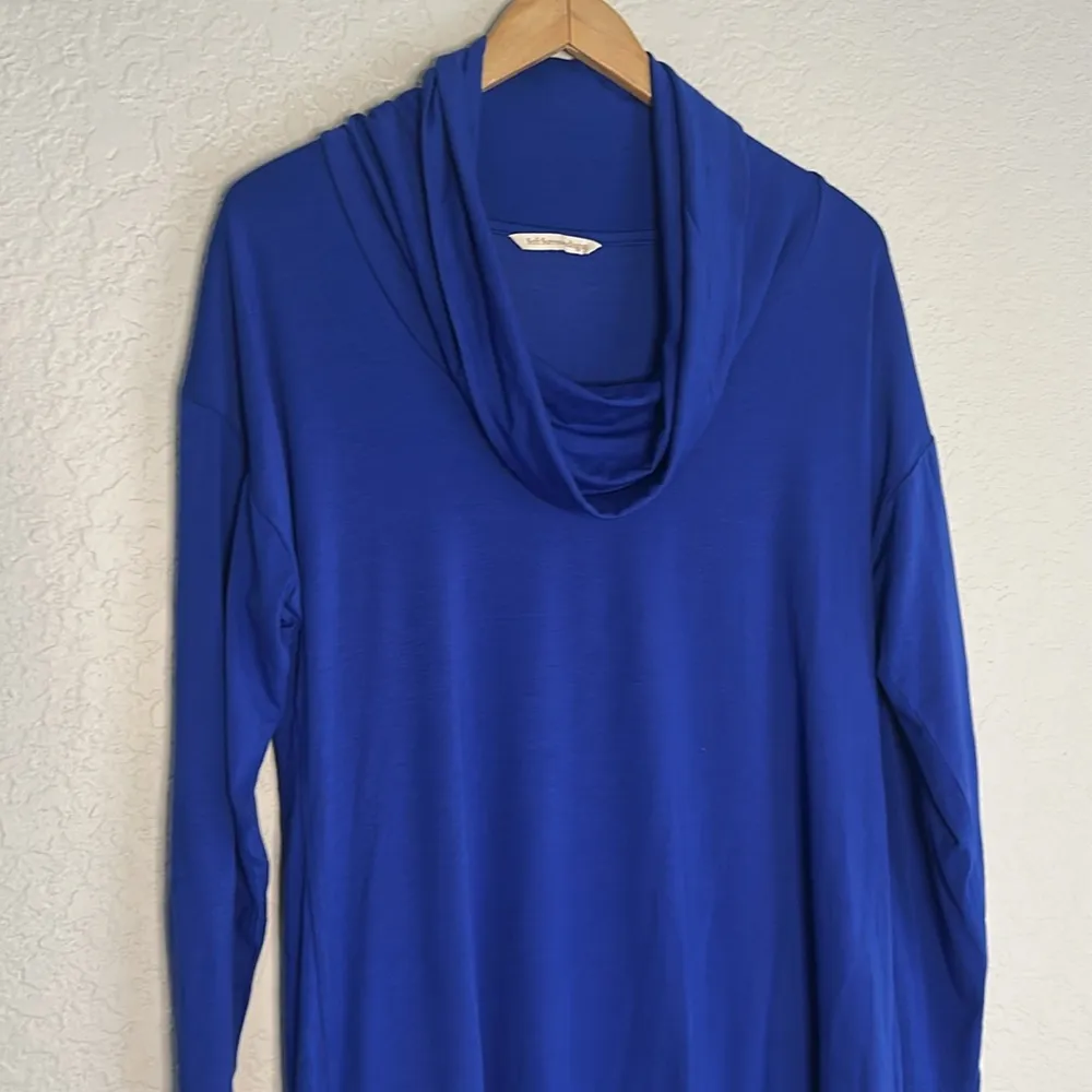 Soft Surroundings Royal Blue Cowl Neck Long Sleeve Shirt Tee Lettuce Hem Layered - Image 2