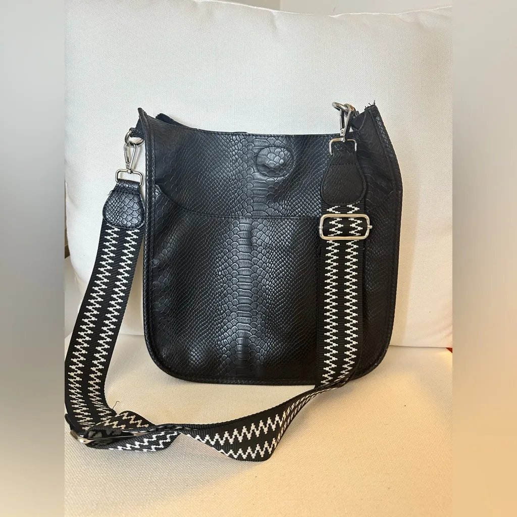 ADHORNED BLACK EMBOSSED Snakeskin Pattern Shoulder Bag WITH GUITAR STRAP - Image 2