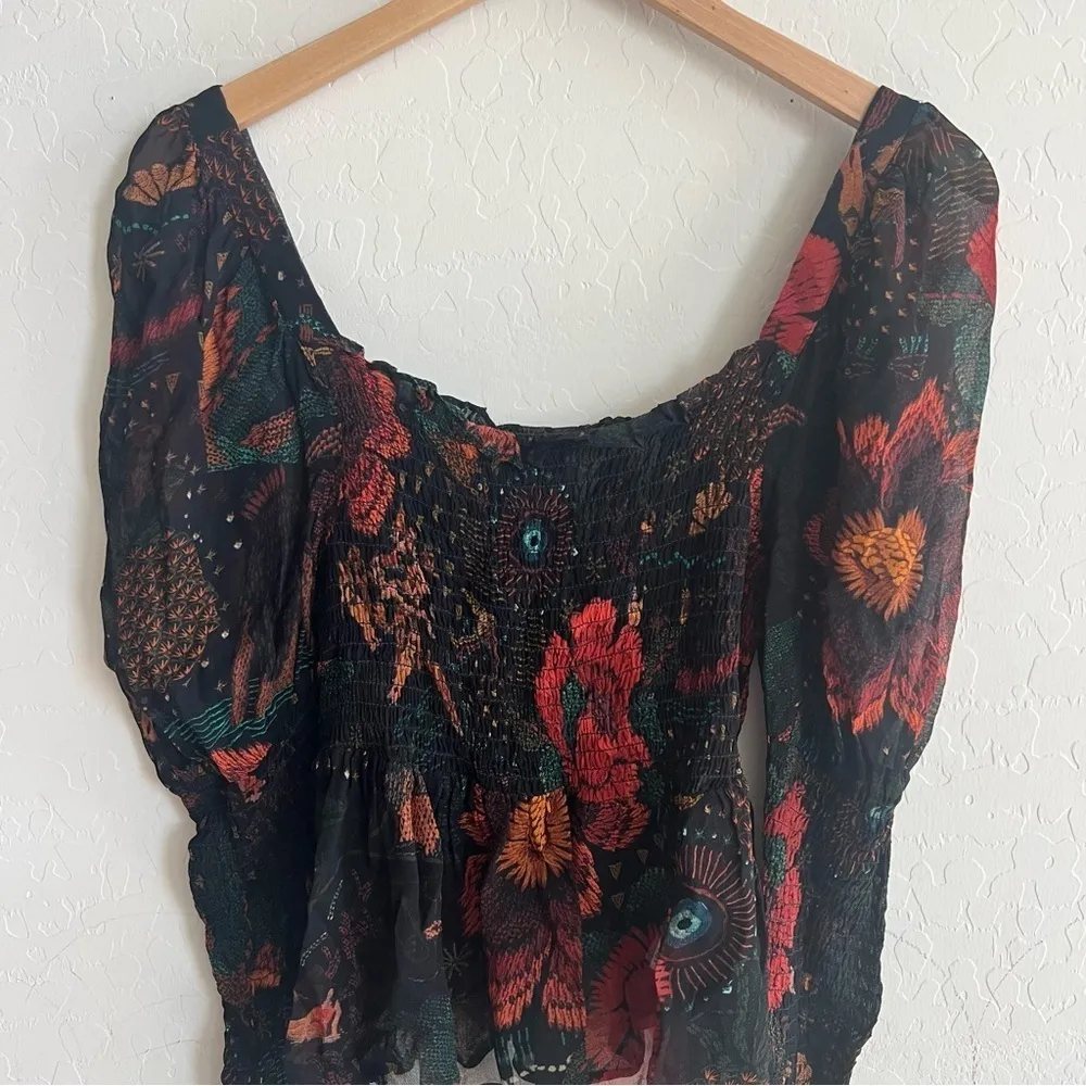 FARM RIO Smocked River Creatures Blouse Long Sleeve in Black Multi - Image 7