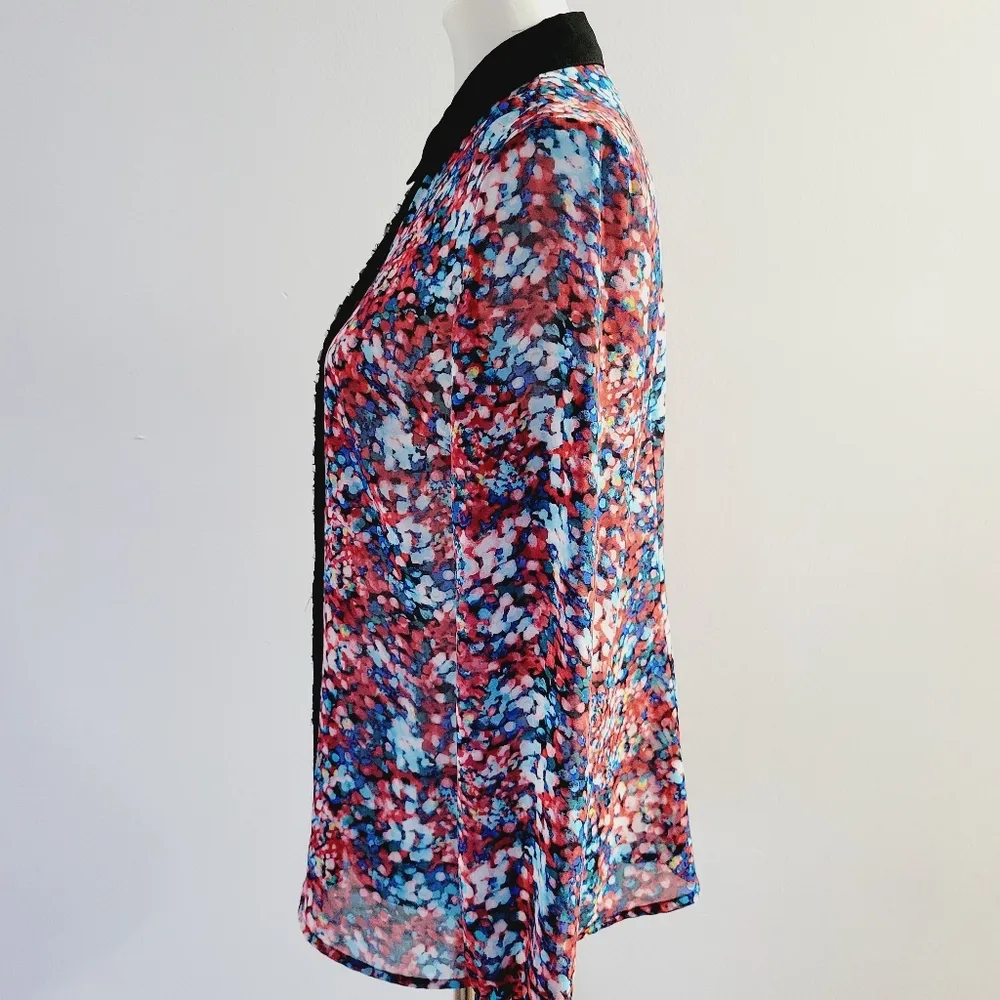 NY Collection Multicolored Floral Sheer Embellished Button Down Size Medium - Image 3