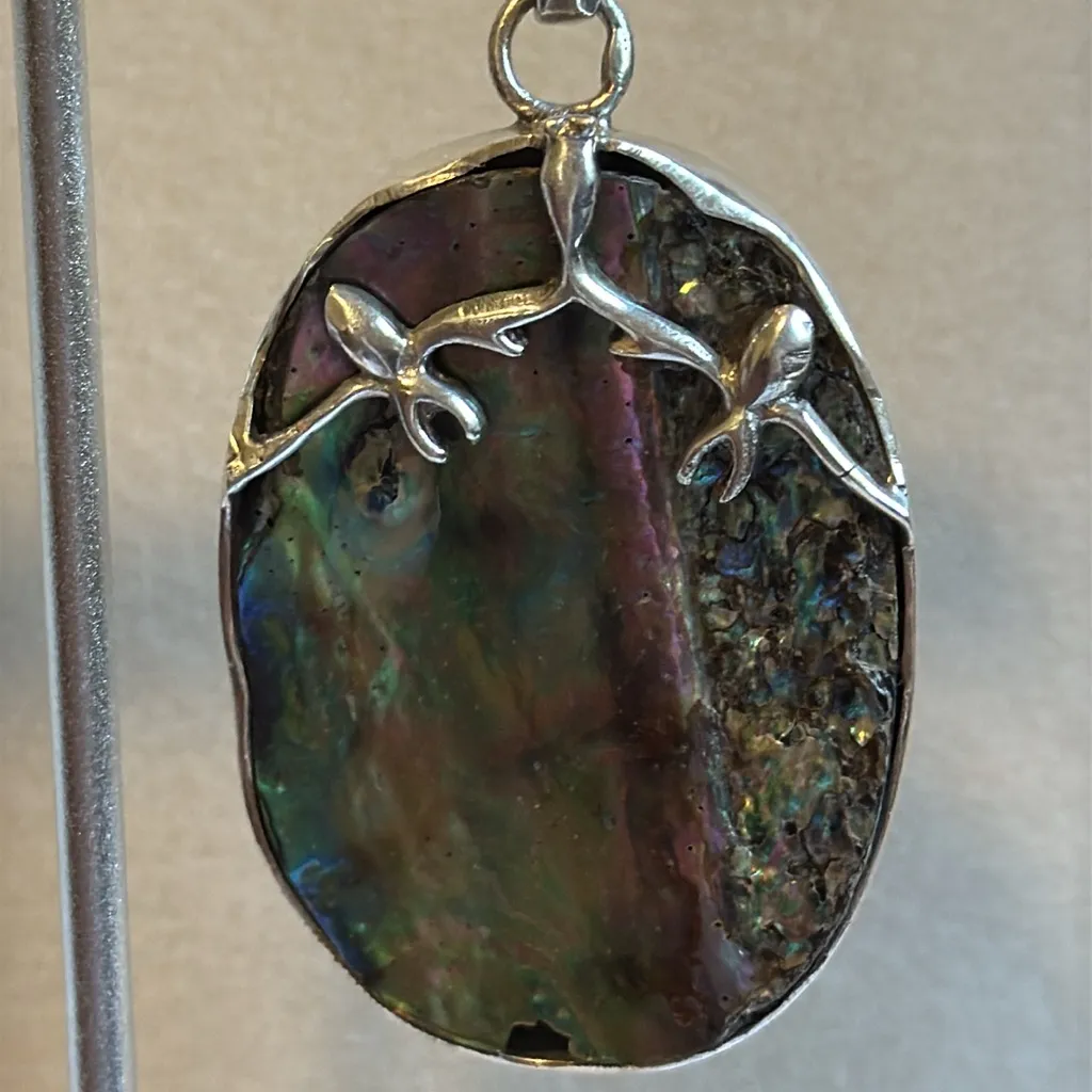 Large Abalone Shell Oval Silver Pendant Boho Artisan Style - Image 5