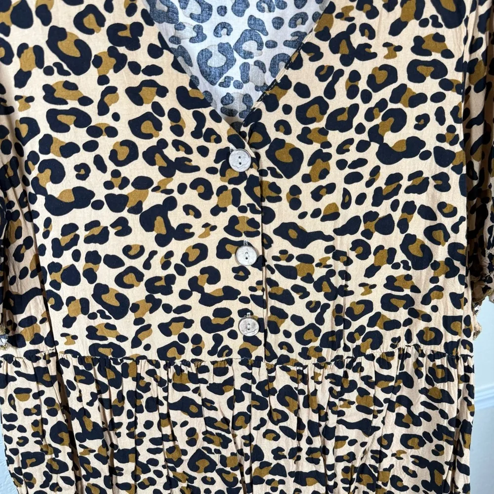 Animal Print Button Front Babydoll Top Short Sleeve Relaxed Fit Tunic Medium Tan - Image 7