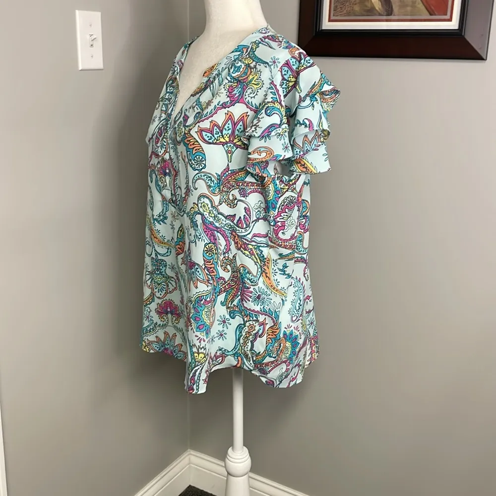 Investments Womens Blue Yellow Pink Paisley Blouse Ruffle Size Large - Image 2