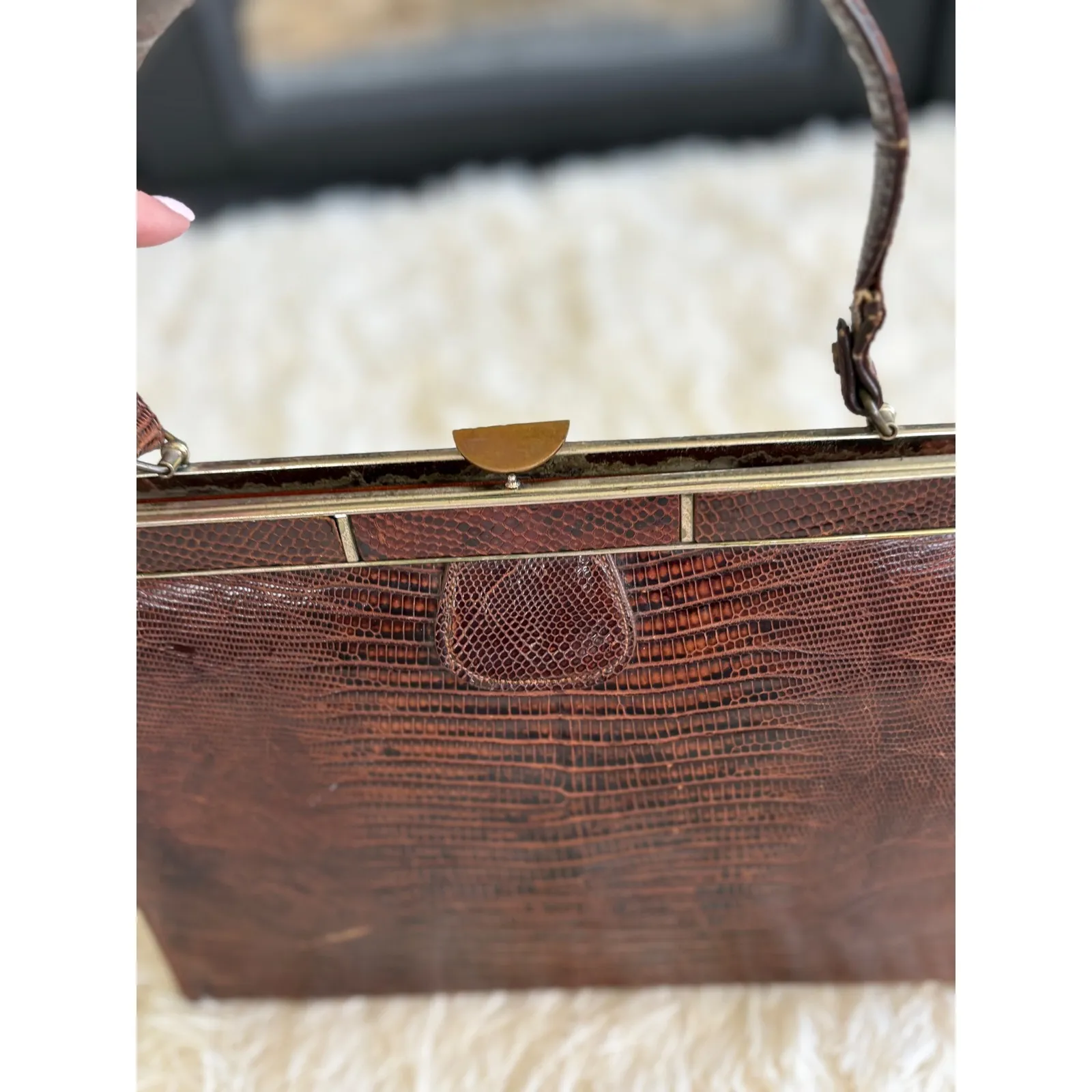 1950s Lesco Lona Brown Reptile Top‎ Handle Handbag, Vintage Purse, Mid Century - Image 5
