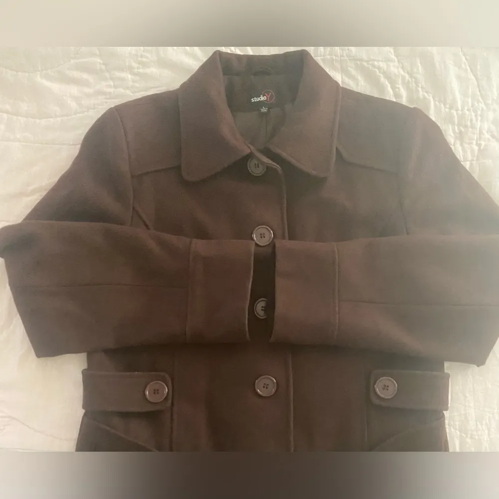 Y2K Peacoat Chocolate Brown L Pea Coat Lined Wool Blend Studio Y Brand - Image 10