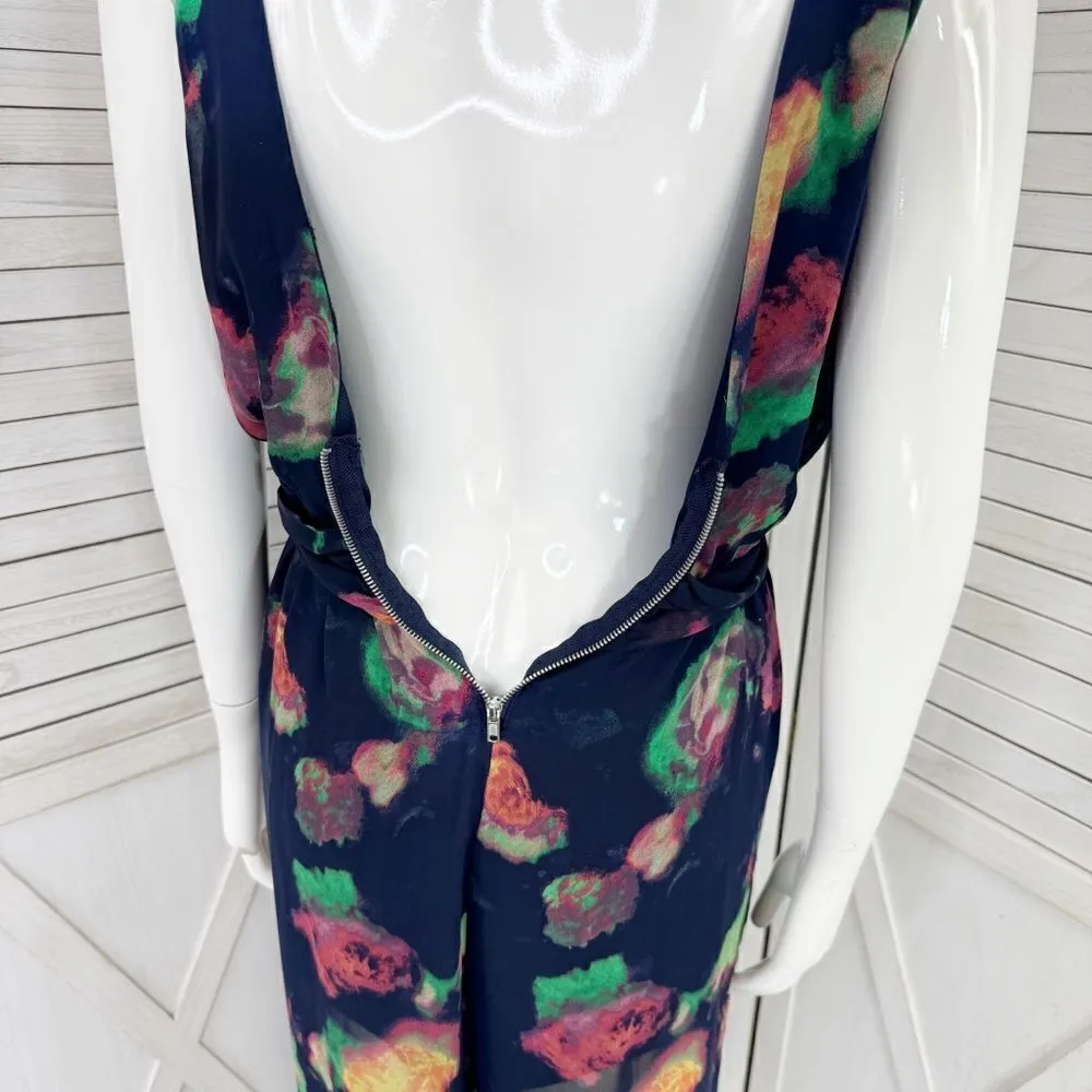 Astr the Label Abstract Print Sheer Wide Leg Jumpsuit Navy Blue Medium - Image 8