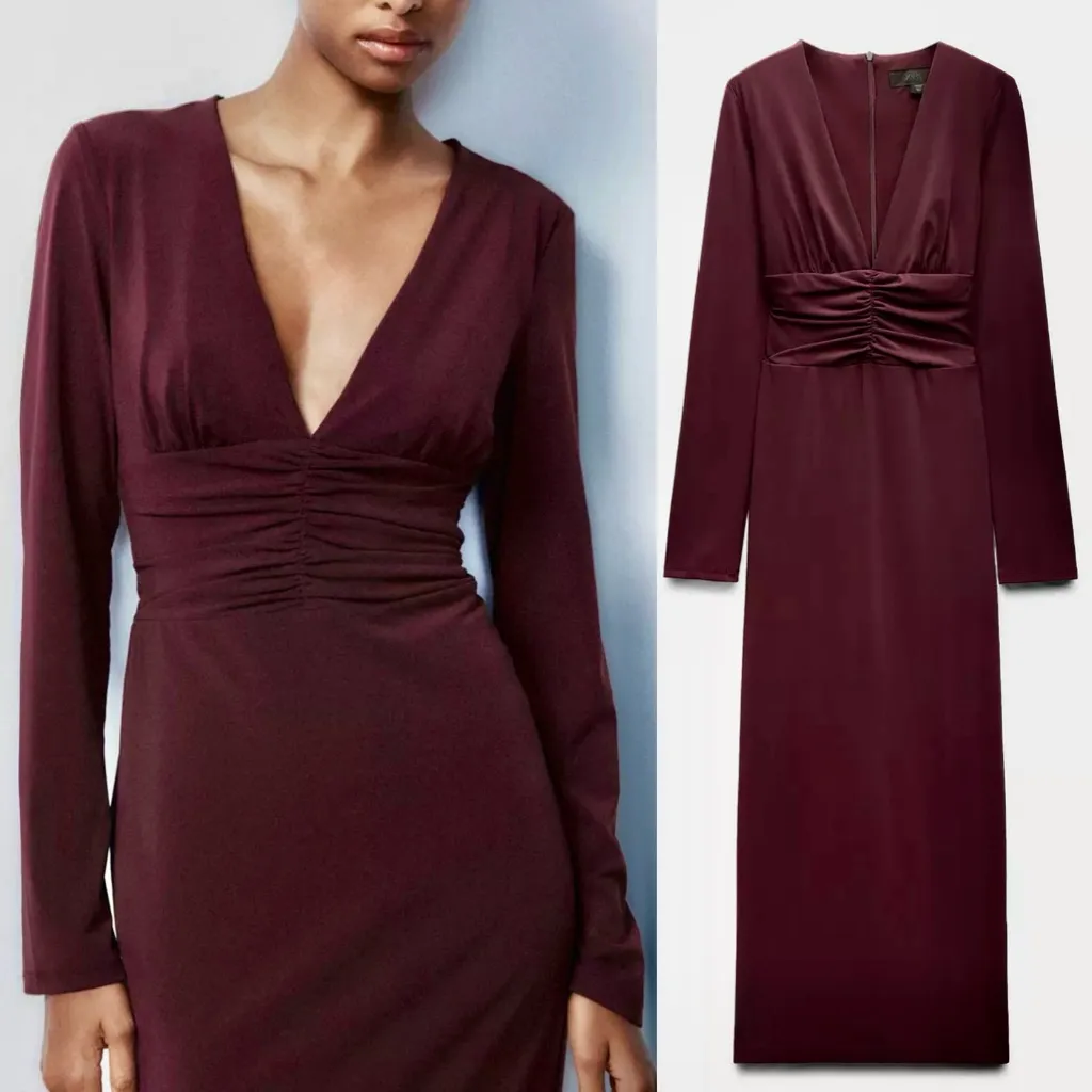 Zara NWT burgundy v neck long sleeve midi dress with ruched draped detail - Image 2