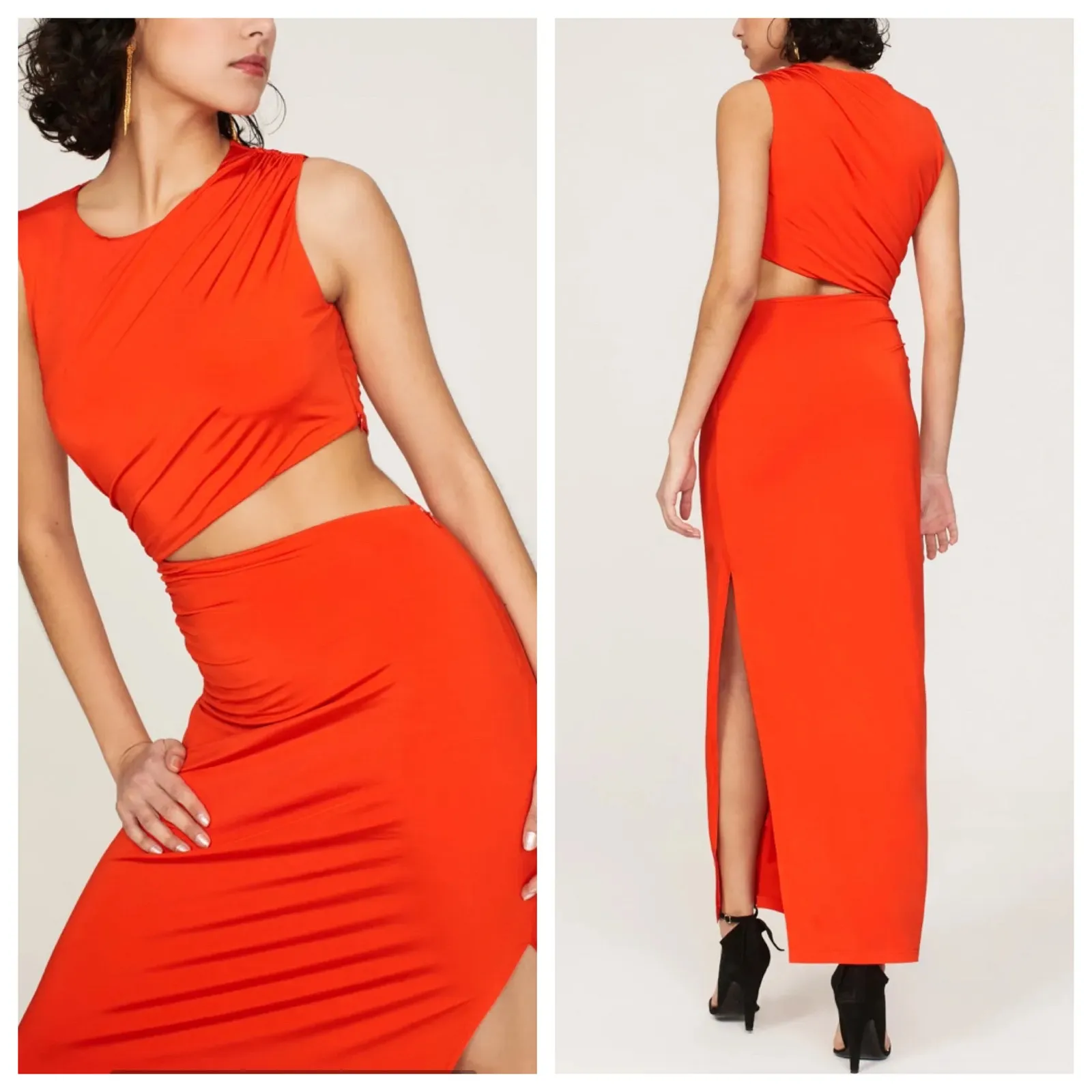 ATLEIN Maxi Dress Jersey Orange Cut Out Asymmetric Waist Sleeveless Size L - Image 2