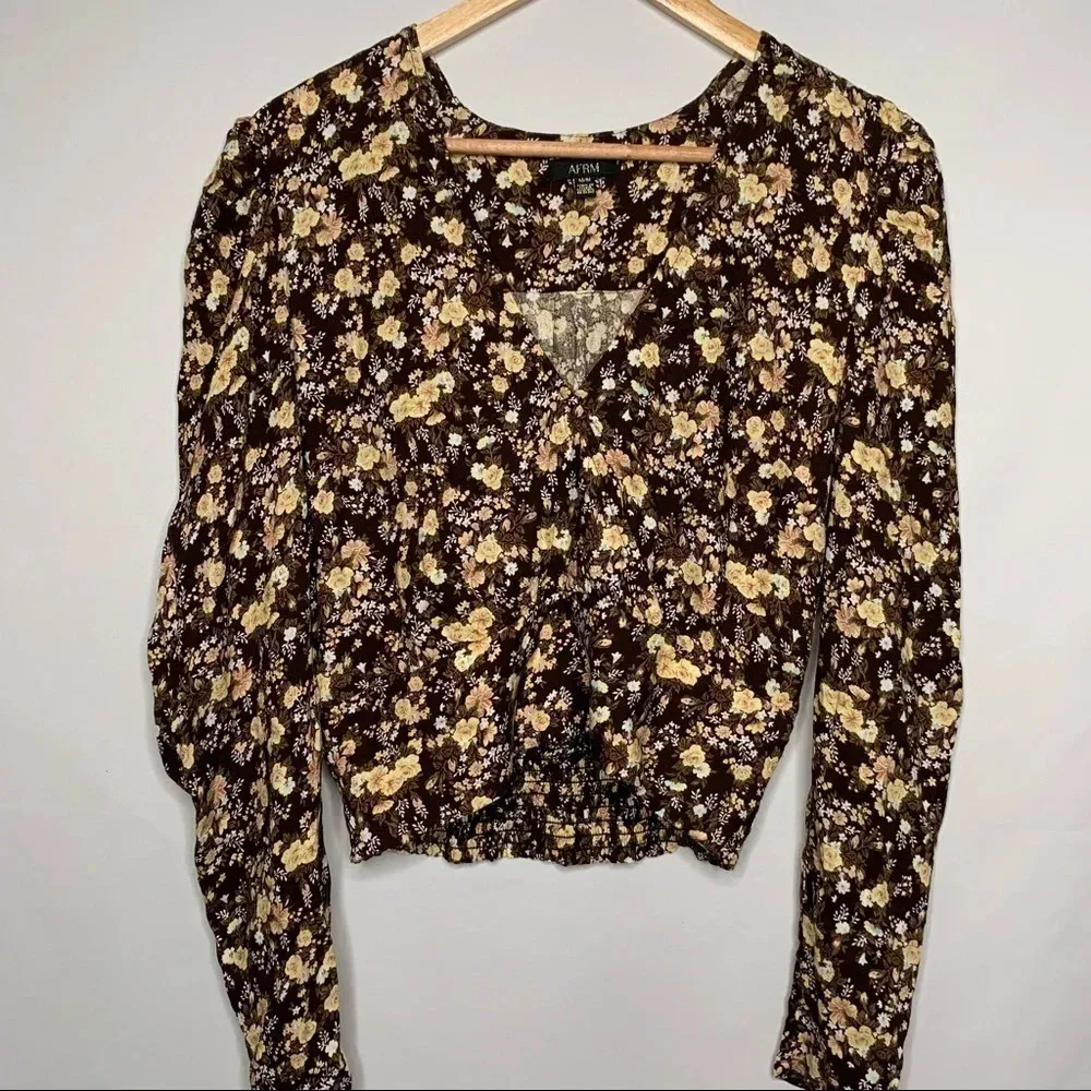 AFRM Mini Floral Cropped Long Puff Sleeve Wrap Blouse M Brown Size M - Image 2