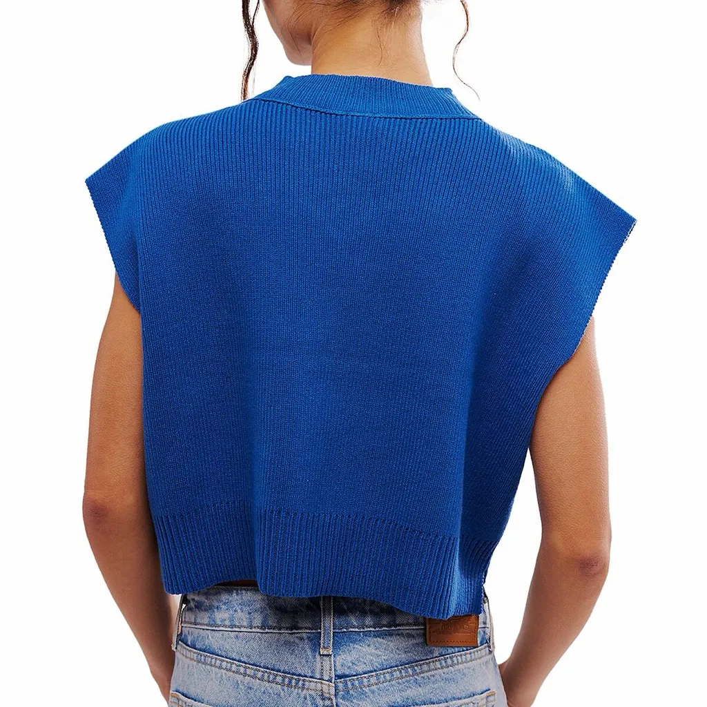 Free People Easy Street Vibrant Blue Knit Sweater Vest Cotton Blend Large EUC - Image 3