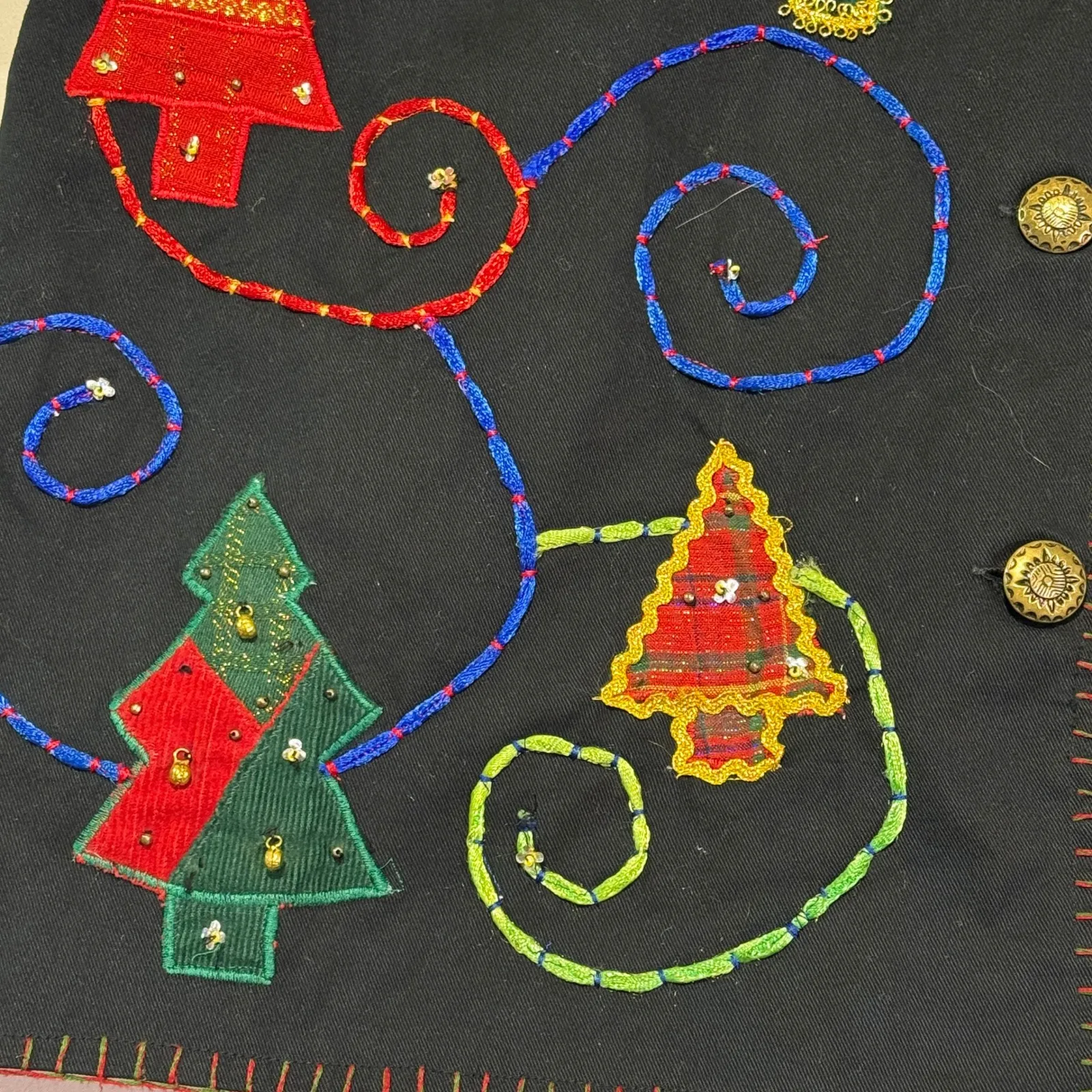 Vintage‎ New Directions Christmas Tree Embroidered Button Down Holiday Jacket Black - Image 6