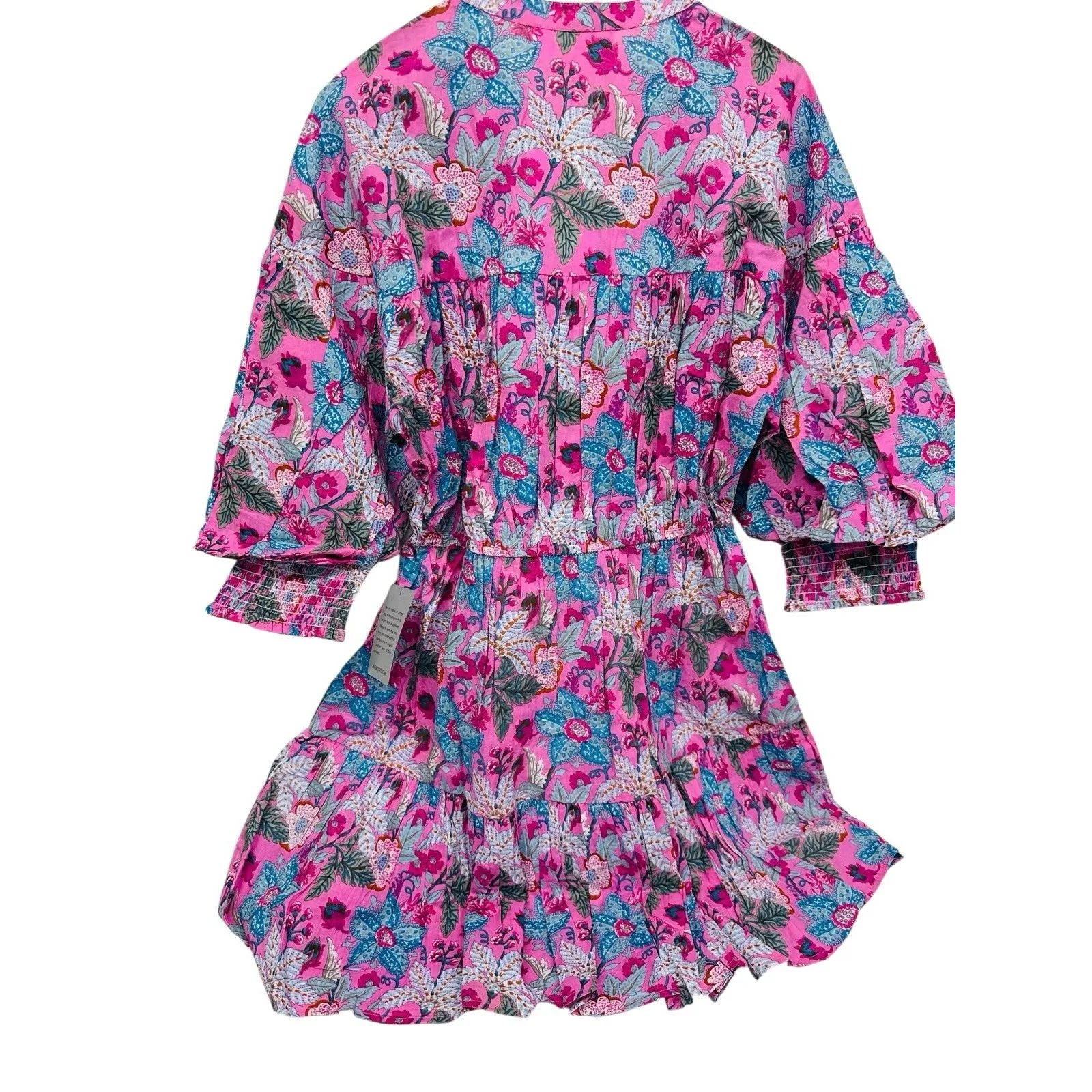 NWT Maisie Floral Ballon 3/4 Sleeve 100% Cotton Minidress Pink Ethnic Size Large - Image 2