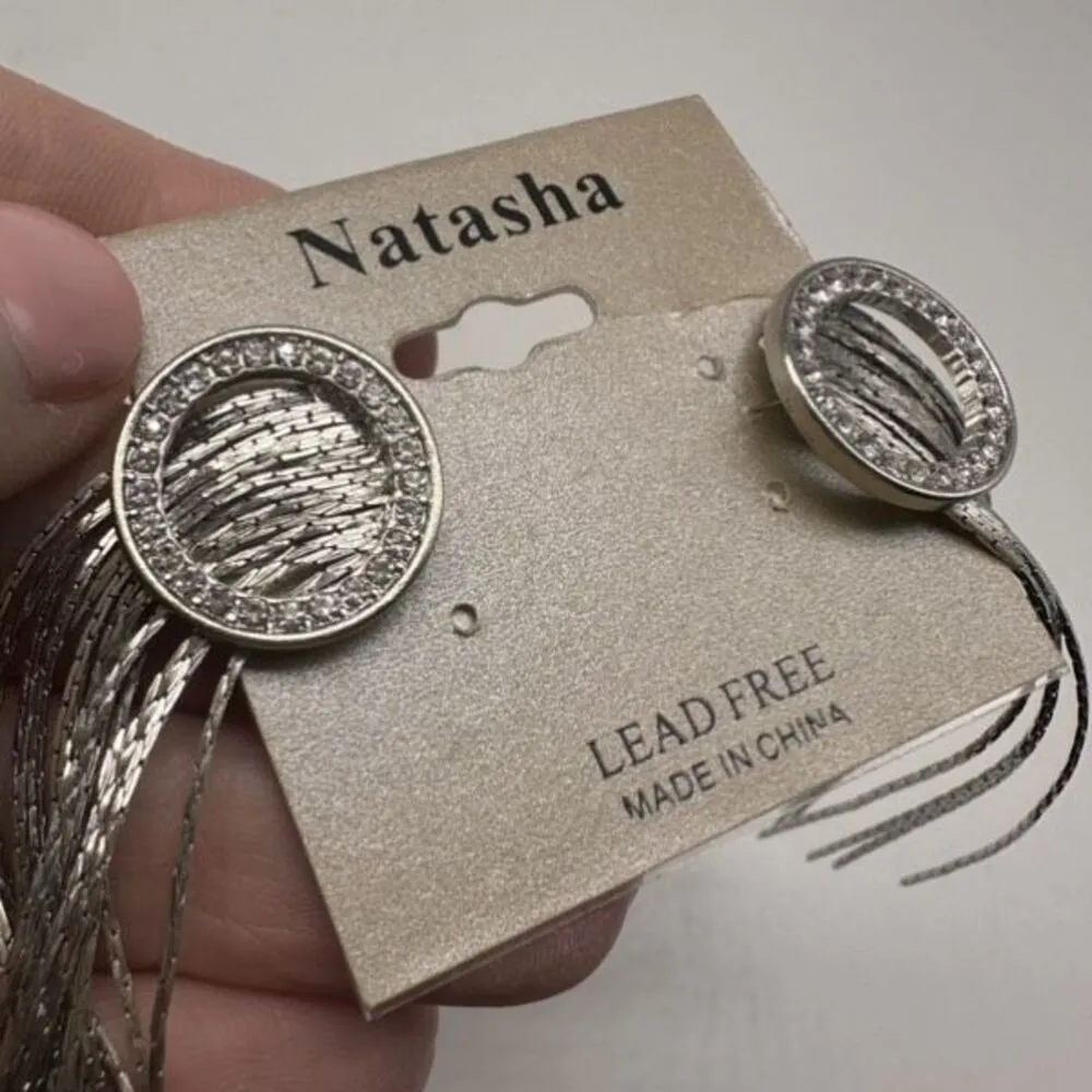 NWT Natasha Silver Tone‎ Fringe Dangle & Pave Rhinestone Earrings Cocktail - Image 9