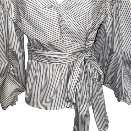 EXPRESS Belted Wrap Tie Top 3/4" Balloon Sleeves‎ Cerulean Blue & White NWOT  S - Image 4