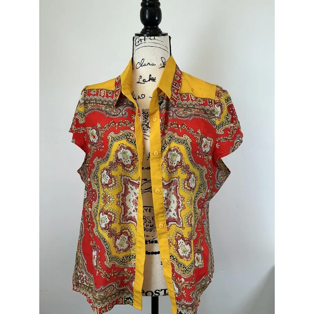 Pura Vida‎ Button-Up Top Short Sleeve Paisley Print Blouse Yellow Red L - Image 3