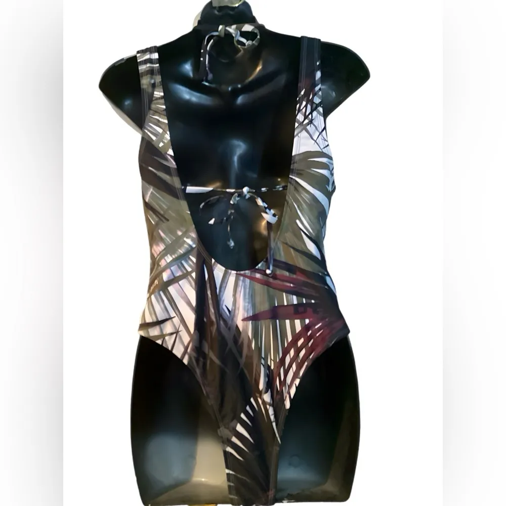 NWOT Tropical Leav es Women's Triangle Bikini Top & Monokini 2 pc Swim Suit Set Green Size L - Image 2