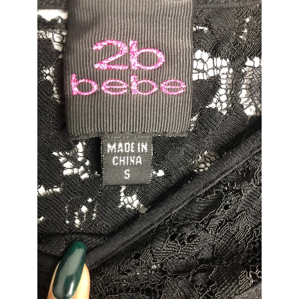 2b Bebe Short Sleeve Lace Side Ruched Blouse Black - Image 3