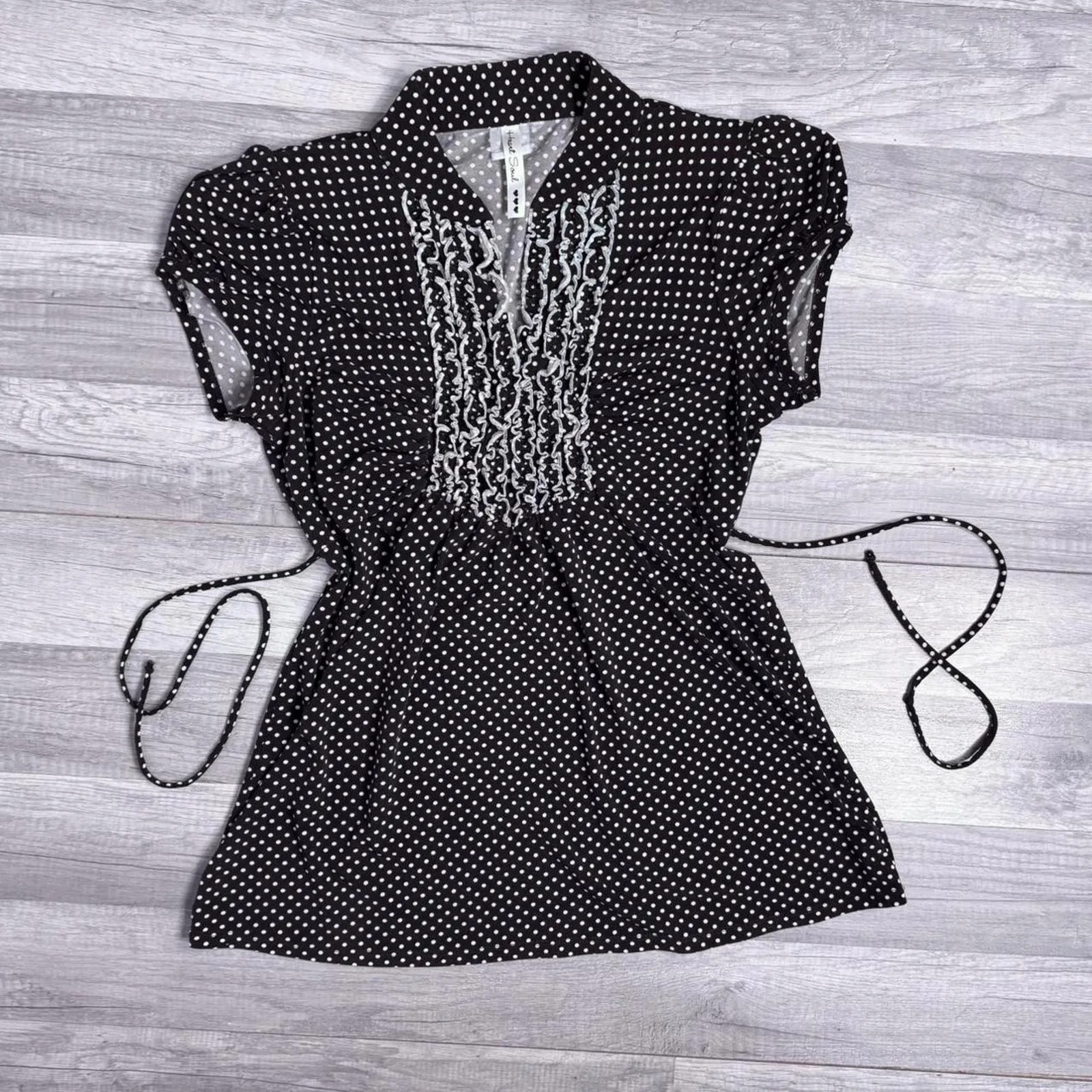 Babydoll Top Polka Dot Coquette Top Short Sleeve Brown White Ruffle Waist Tie - Image 2