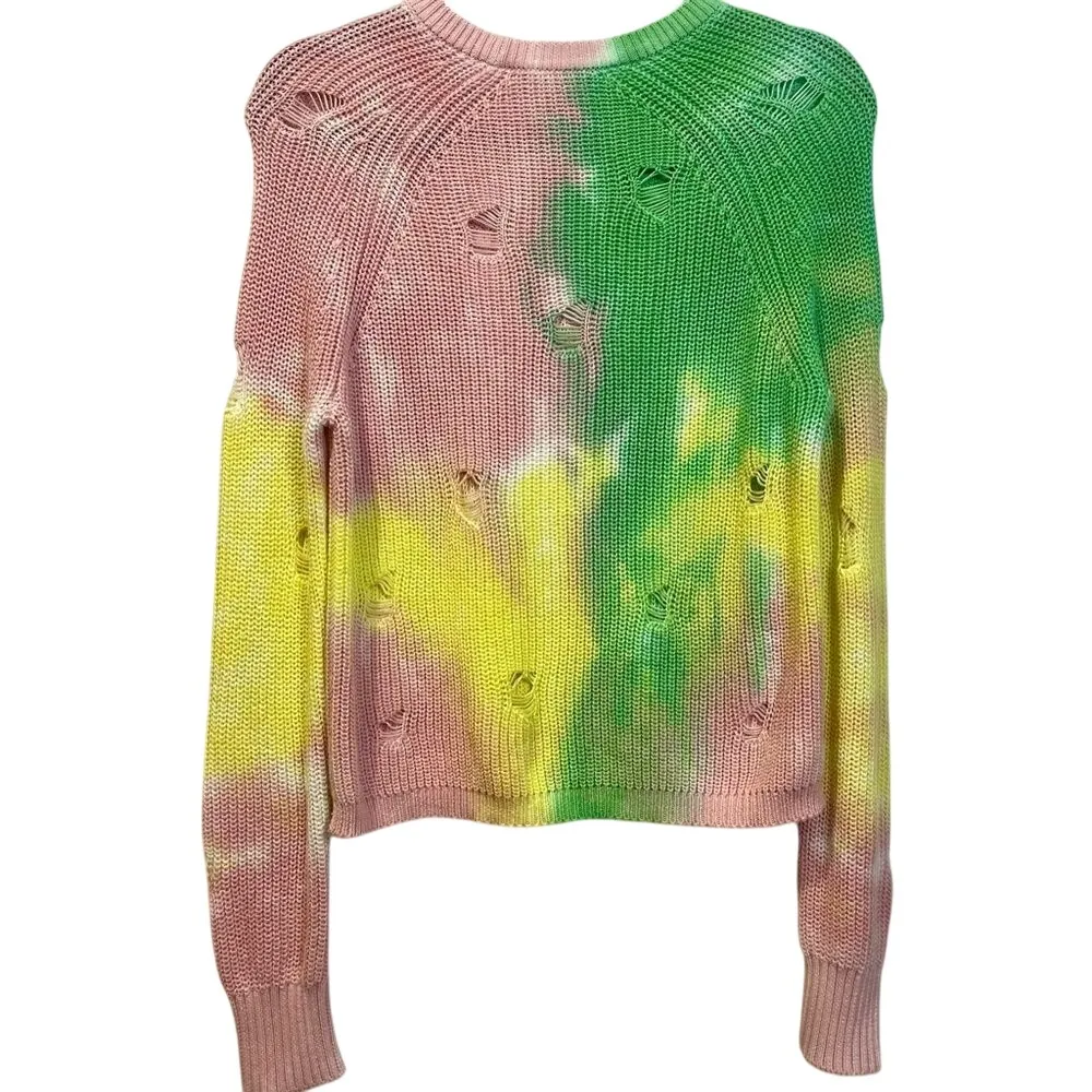 Cotton by Autumn Cashmere‎ Tie Dye Distressed Crew Knit Baby Pink Sweater Small - Image 4