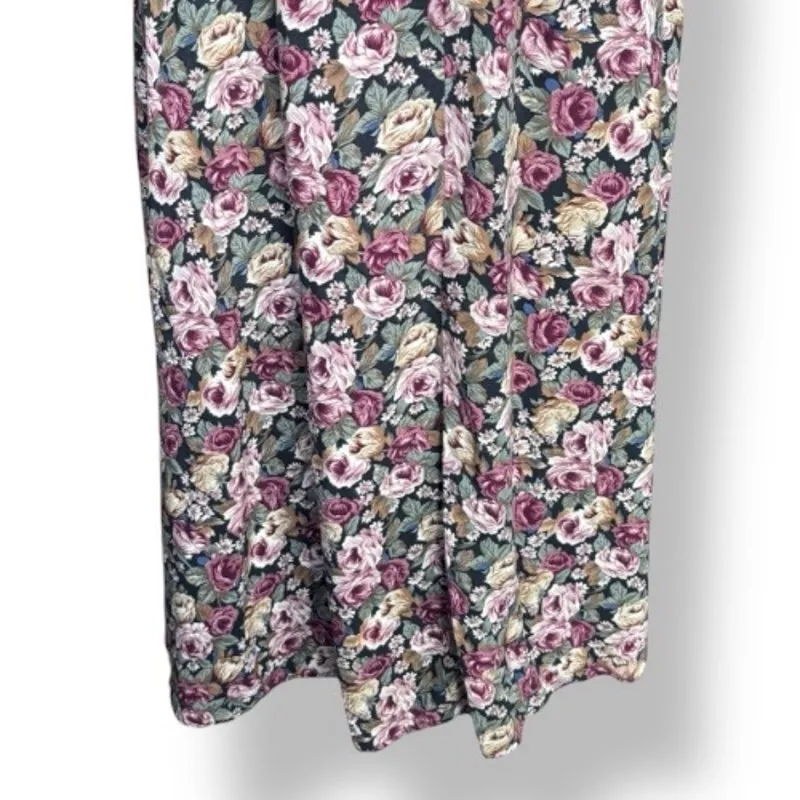 Vintage All That Jazz Dark Floral Rayon Maxi Dress Lace Up Back Romantic Cottage Black - Image 3