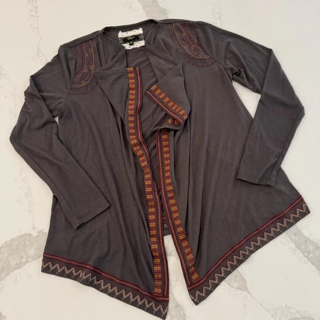 Anthropologie Cupio Drapey Open Front Aztec Embroidered Cardigan Women’s Medium - Image 1