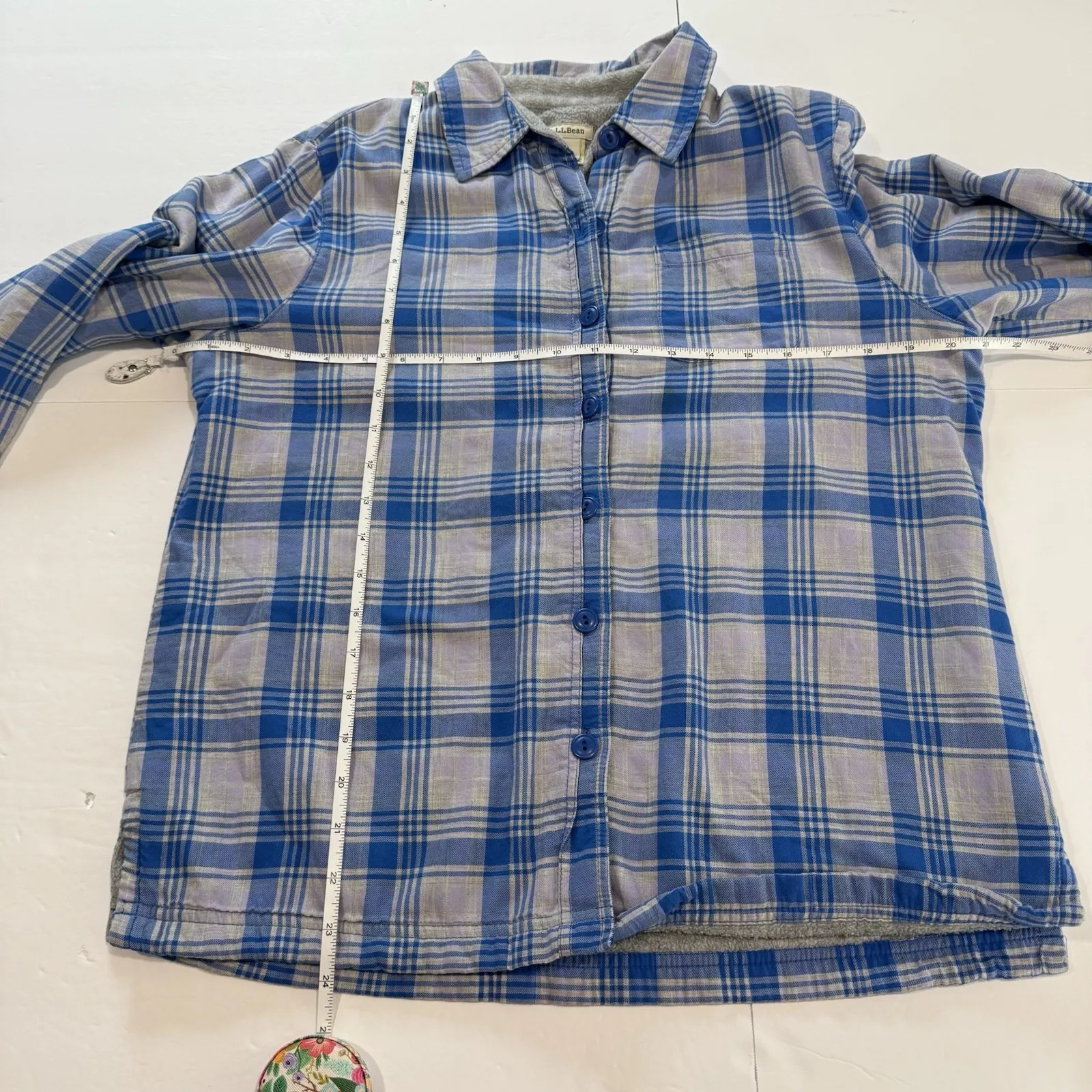 LL Bean Fleece Lined Flannel Blue Plaid Shirt Jacket Shacket Size XS PETITE - Image 8