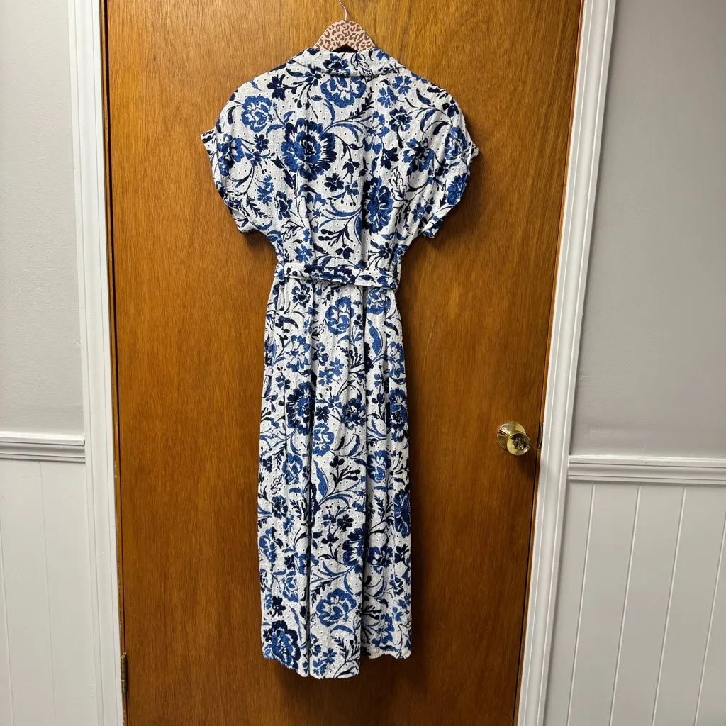 Zara Short Sleeve Midi Dress Openwork Embroidery Eyelet Floral Blue Small S - Image 15