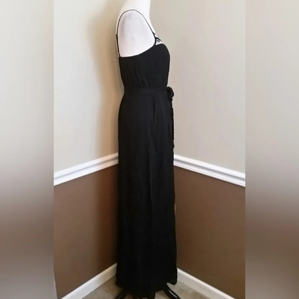 Black Crinkled Gauzy Embroidered Belted Boho Modcloth Maxi Dress by Doe & Rae - Image 4