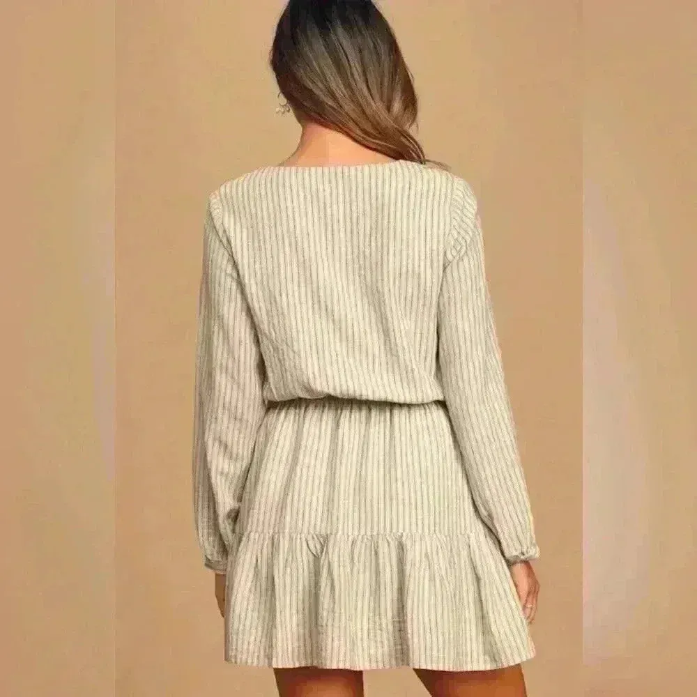 Lulus A Walk In the Park Beige Striped Long Sleeve Skater Dress Size Large - Image 2
