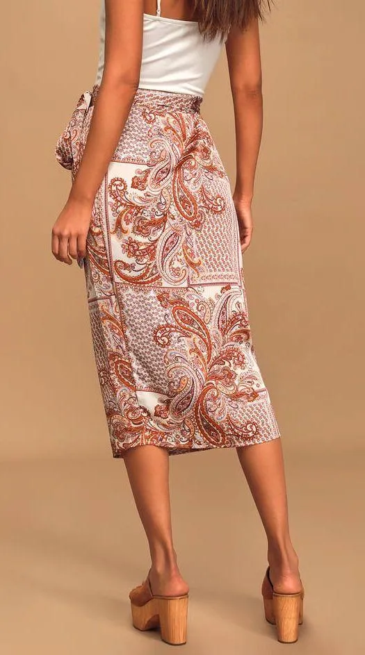 Take A Walk With Me Ivory Paisley Print Satin Wrap Midi Skirt - Image 2