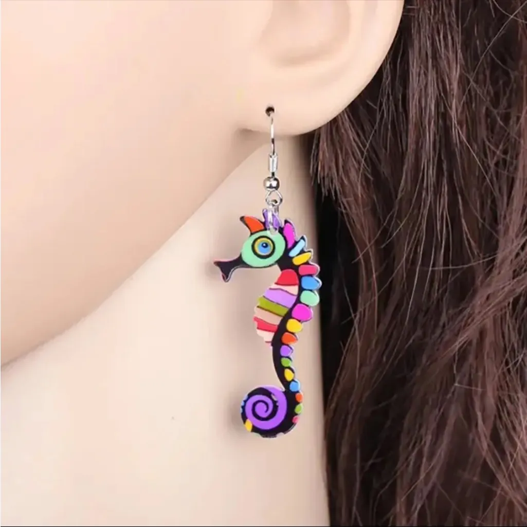Cute Colorful Seahorse Design Dangle Earrings Bohemian‎ Ocean Style Acrylic - Image 2