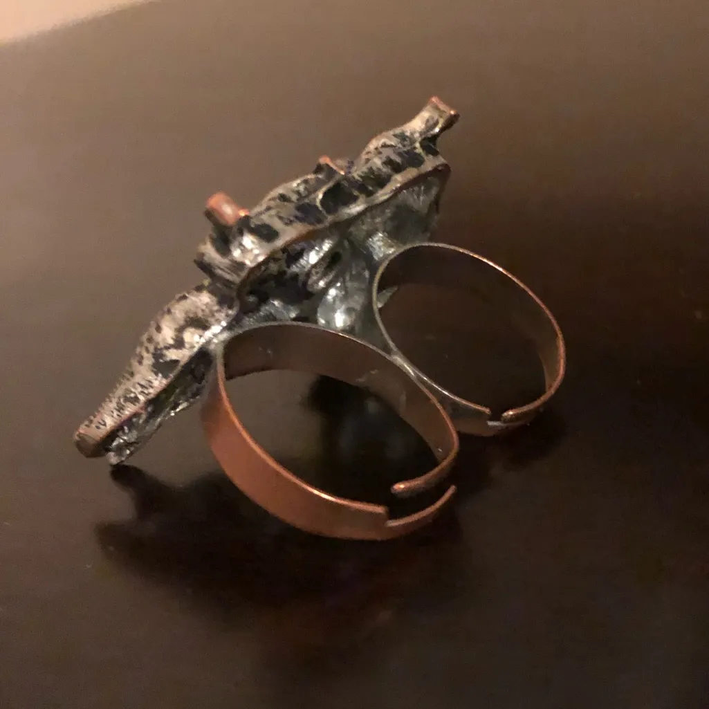 Jeweled Owl Double Finger Statement Ring | Adjustable Bronze Tone Crystal Ring Black - Image 2