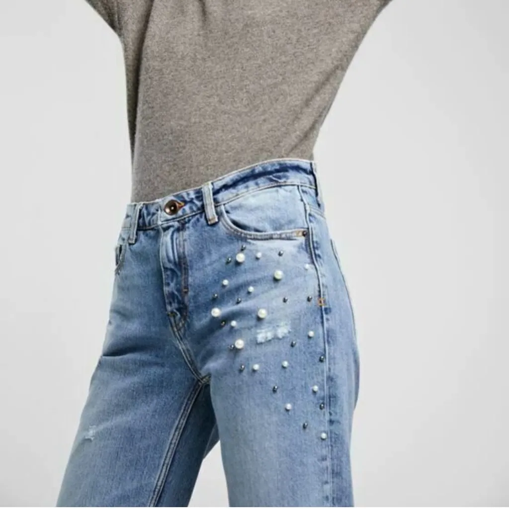 Zara Basic Z1975 Denim Straight Pearl Distressed Embellished Jeans 2 - Image 10
