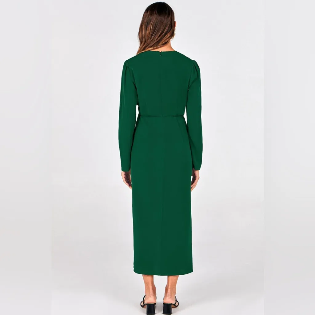 NEW Satin Long Sleeve Deep V Neck Ruched Slit Elegant Party Career Dress S - Image 2