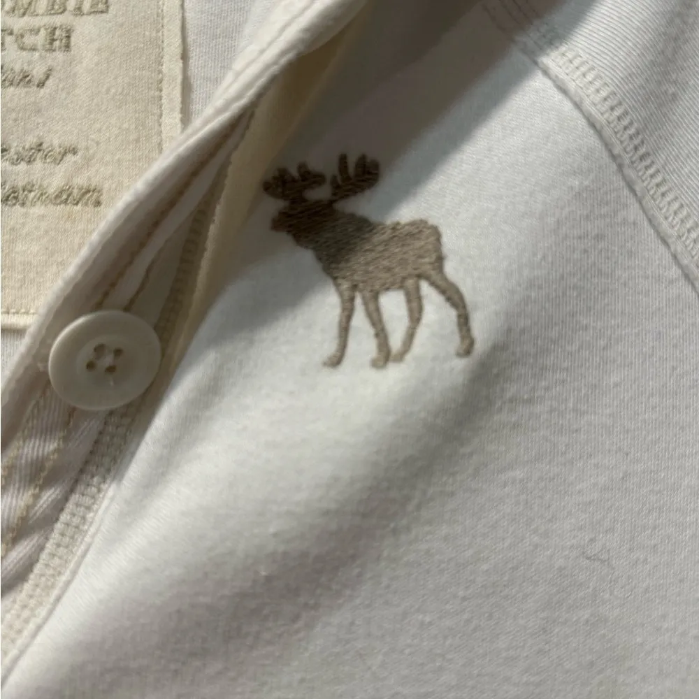 Vintage Abercrombie & Fitch Y2K Cream Henley Hooded Tunic Sweatshirt Moose Large - Image 3