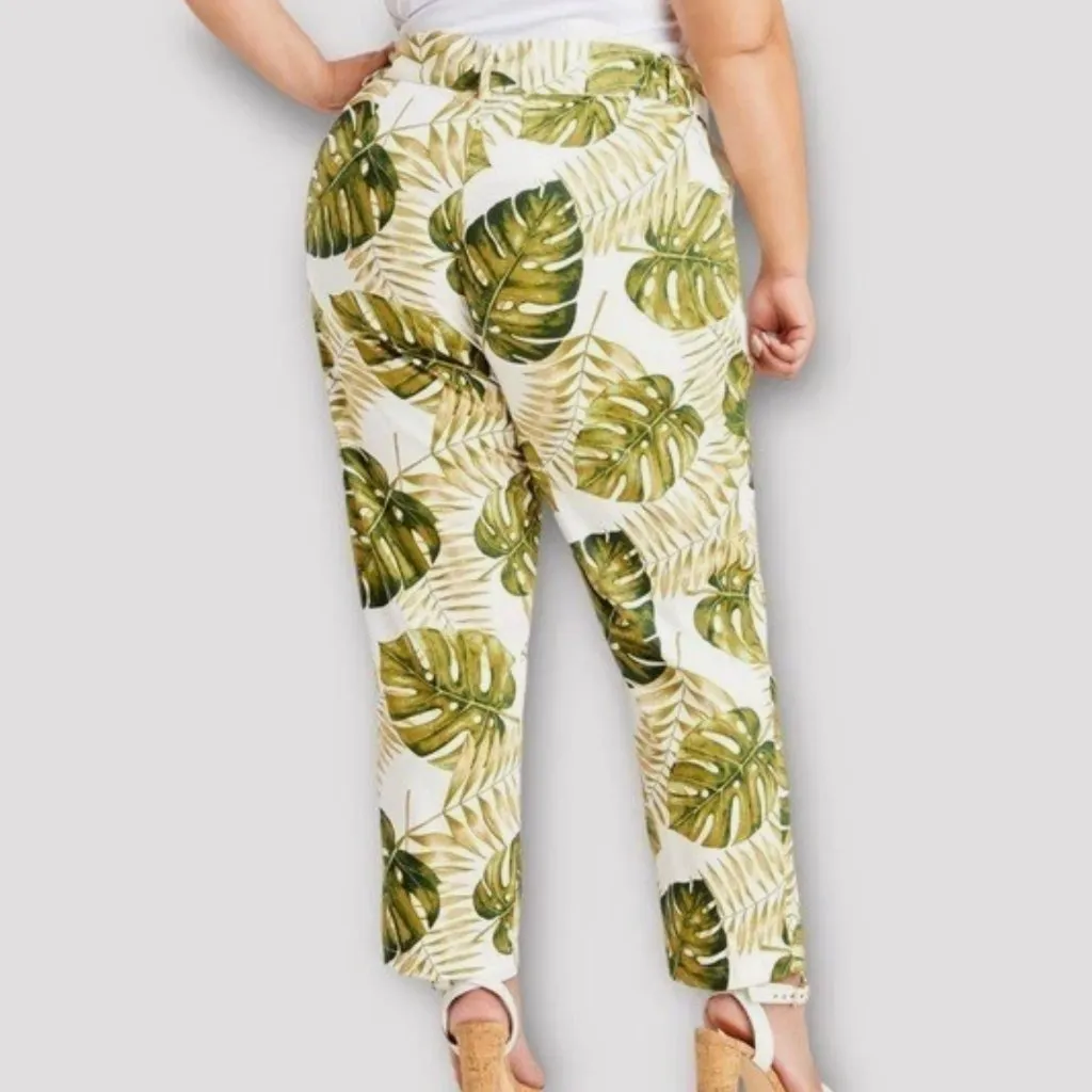 ASHLEY STEWART Plus Size White Green Floral Palm Leaf Tropical Belted Crop Pants - Image 3