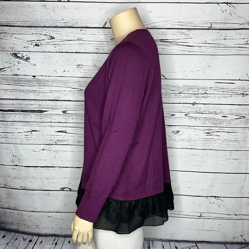 LOGO Lori Goldstein NWT XL Purple - Black Chiffon Lace Hem Cashmere Sweater Top - Image 3