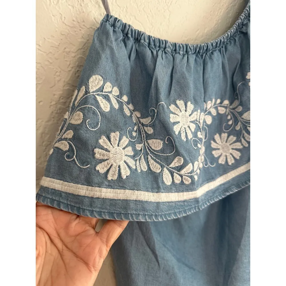 NEW Rebecca Minkoff One Shoulder Embroidered Blue Chambray Top Boho Tencel - Image 3