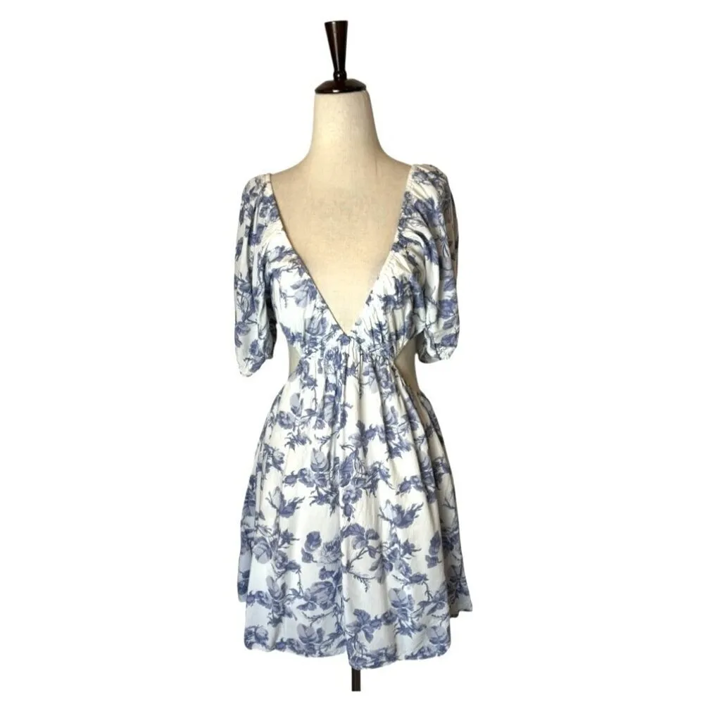 Bardot Dress Women Large Blue‎ White Floral Print Cut Out Eden Mini Cottagecore - Image 3