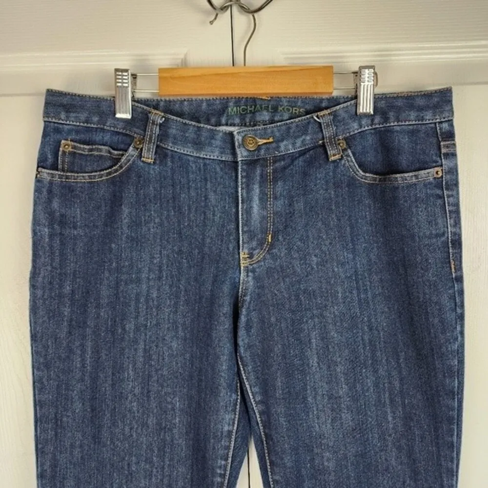 Michael Kors Jeans Flared Legs Dark Wash Denim Mid Rise Cotton Blend Stretch 8 Blue - Image 6