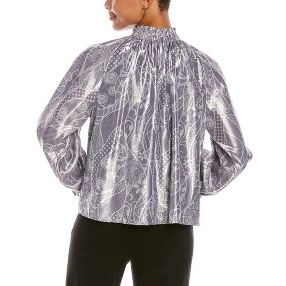 Marie Oliver June Metallic Silver Mock Neck Blouse Size Medium - Image 2
