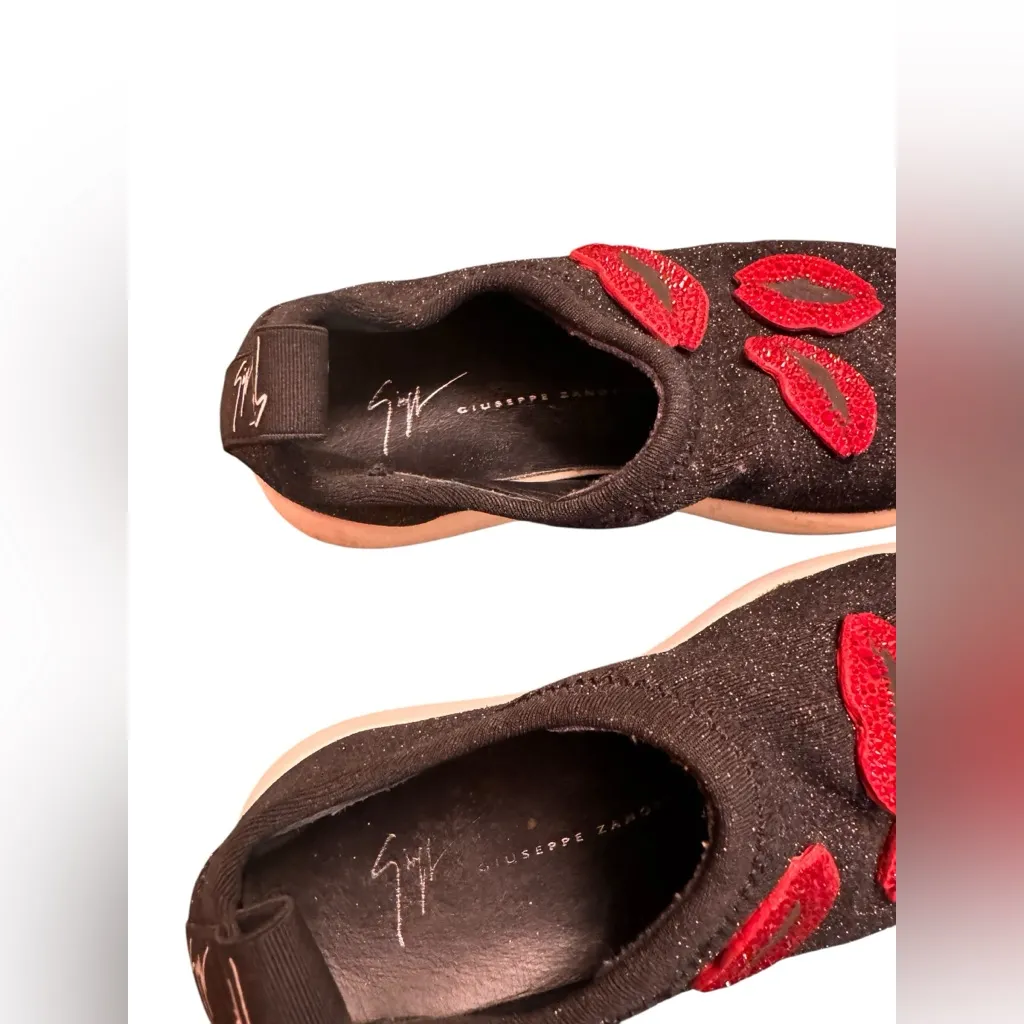 Giuseppe Zanotti Natalie Red Lip Crystal Sneakers Black Glitter Slip-On 36.5 GUC - Image 9