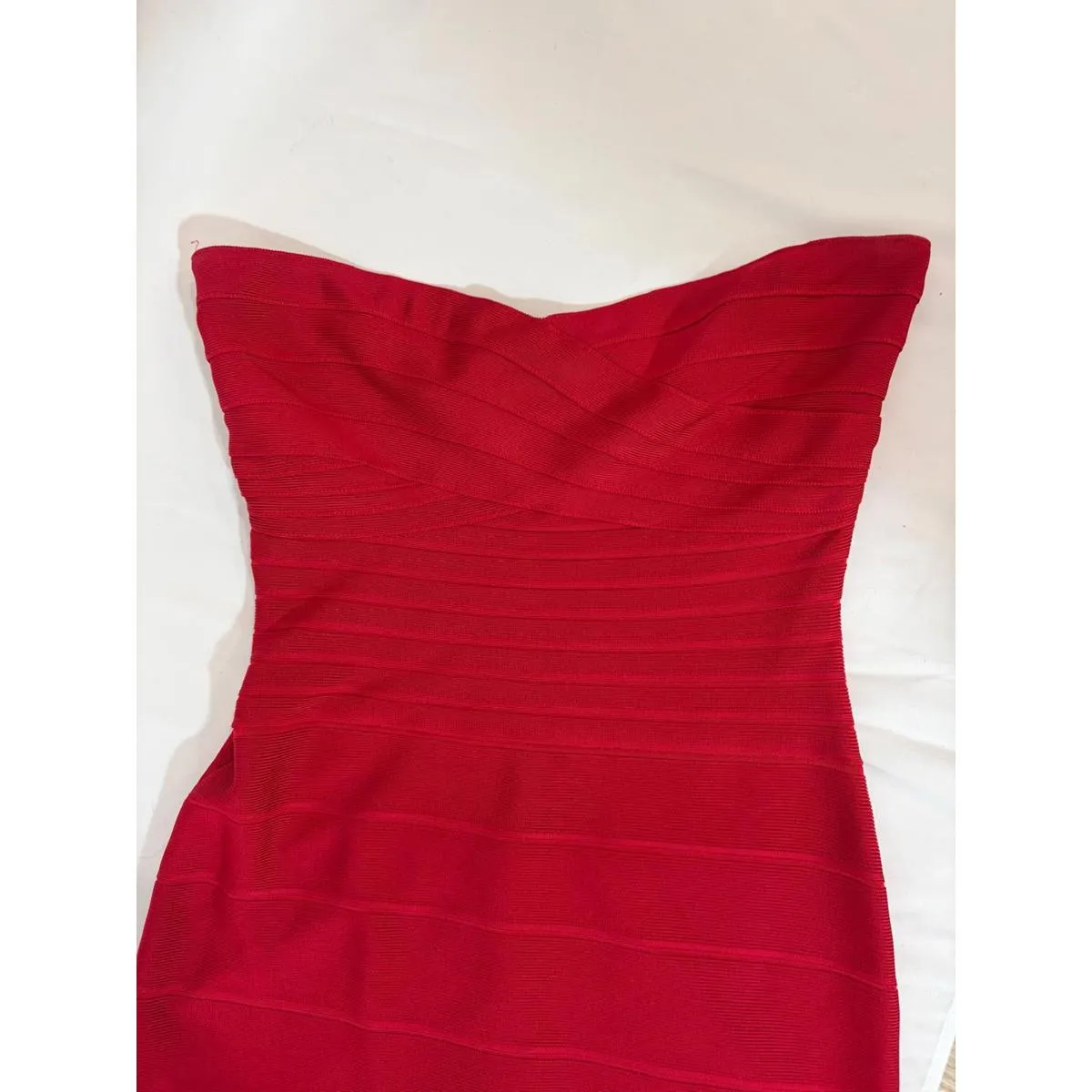 Cherry Red Strapless Herve Leger Bandage Dress - Image 8