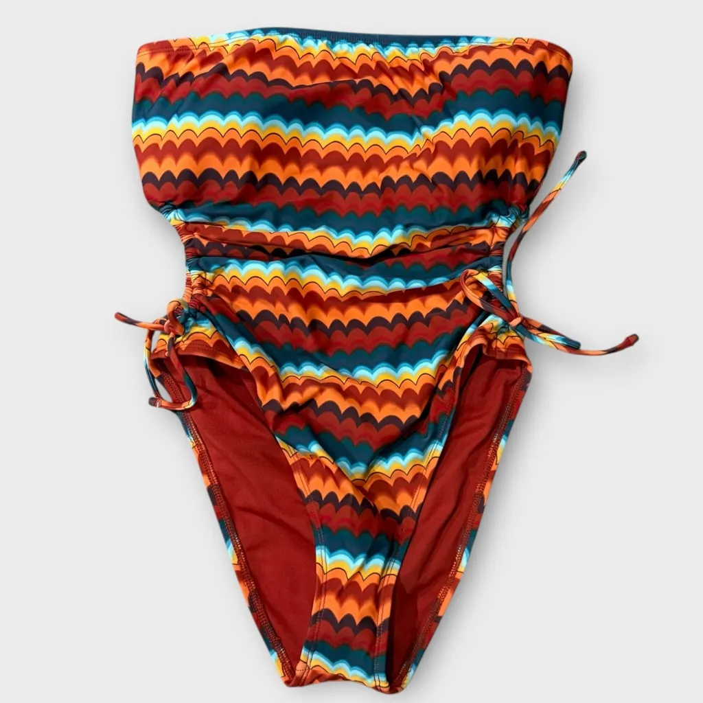 Sports Illustrated Strapless One Piece Side Cutout Groovy Stripe Swimsuit Size L Red Size L - Image 6