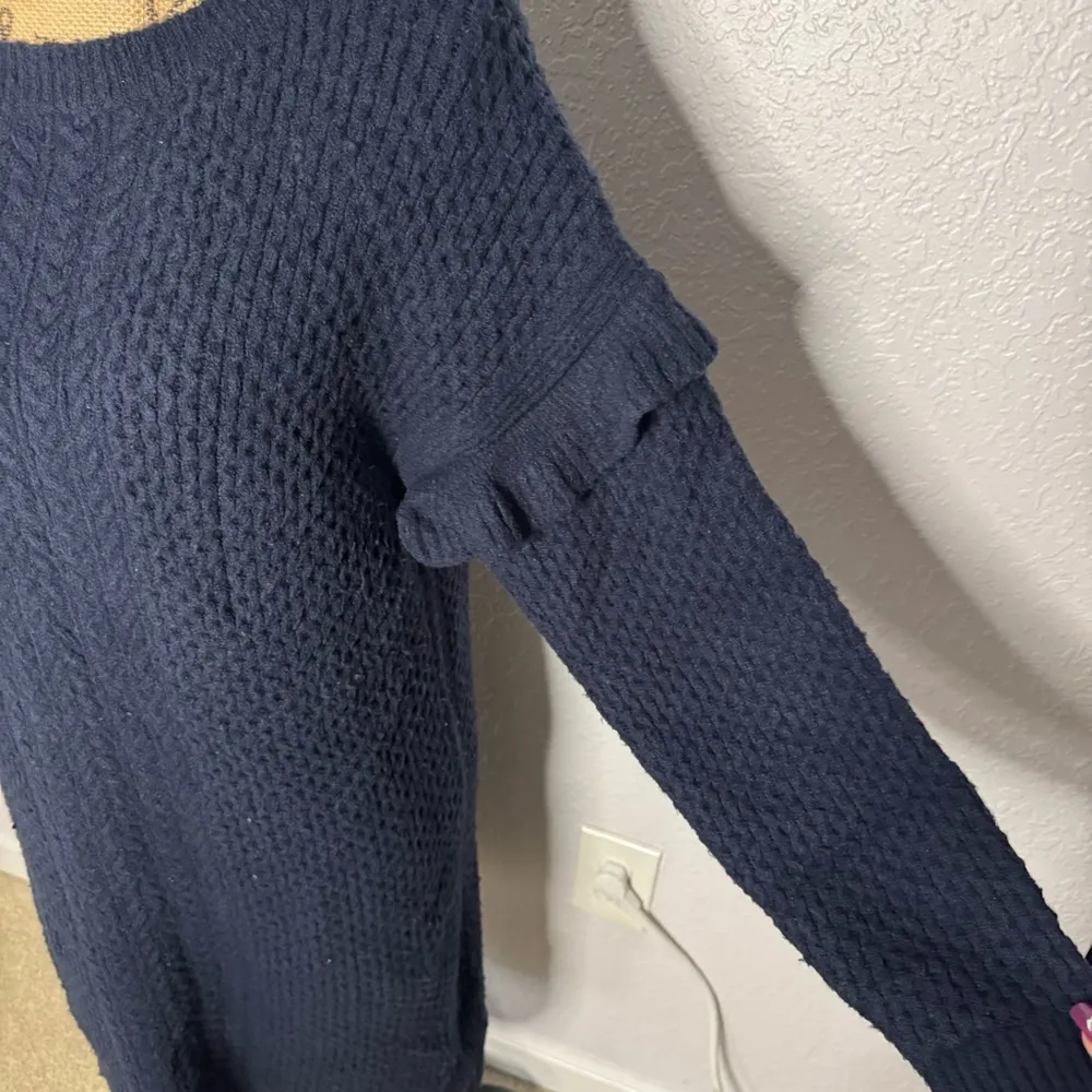 J Crew Cable Knit Ruffle Sleeve Navy Sweater Dress Size S Knee Length Preppy - Image 5