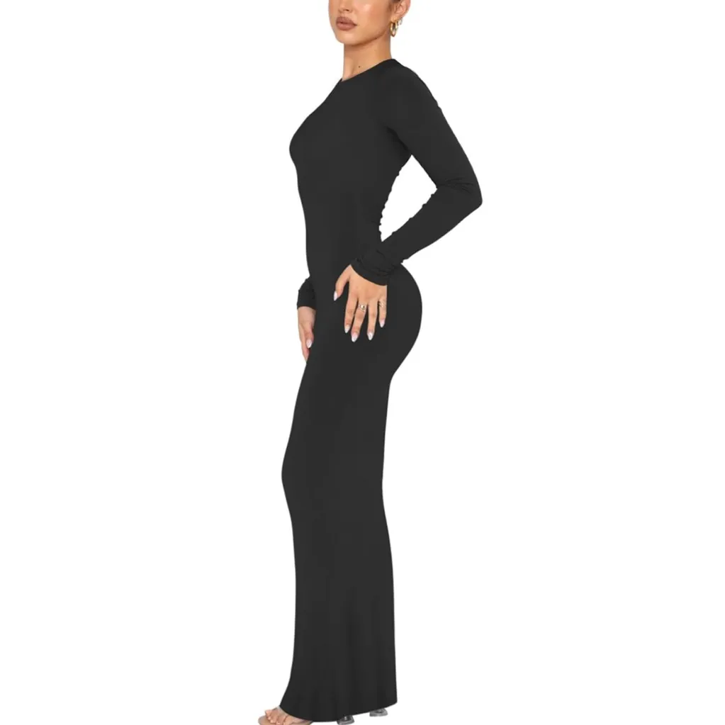 NWT Reoria Long Sleeve Crew Neck Ribbed Bodycon Maxi Lounge Dress Large Black - Image 2