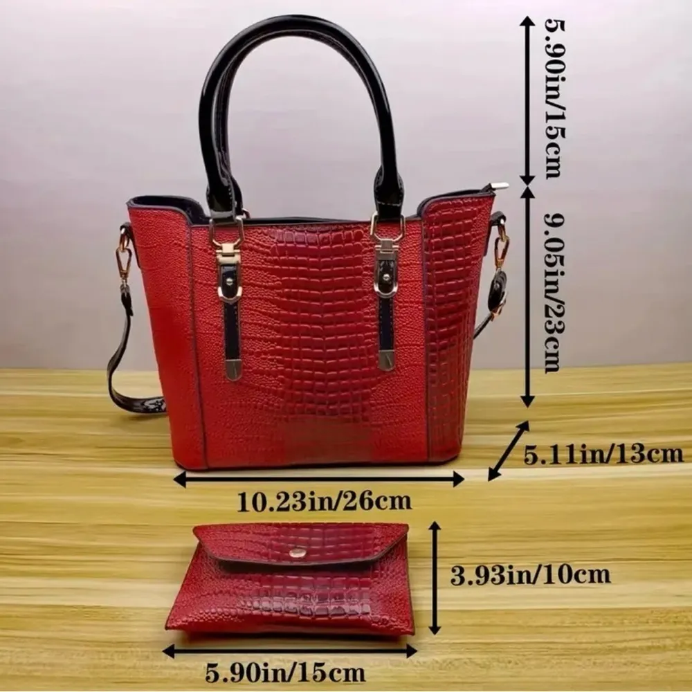 2pcs/Set Crocodile Leather Tote Bag w/Zipper Closure and Detachable Clutch NWT Red - Image 2
