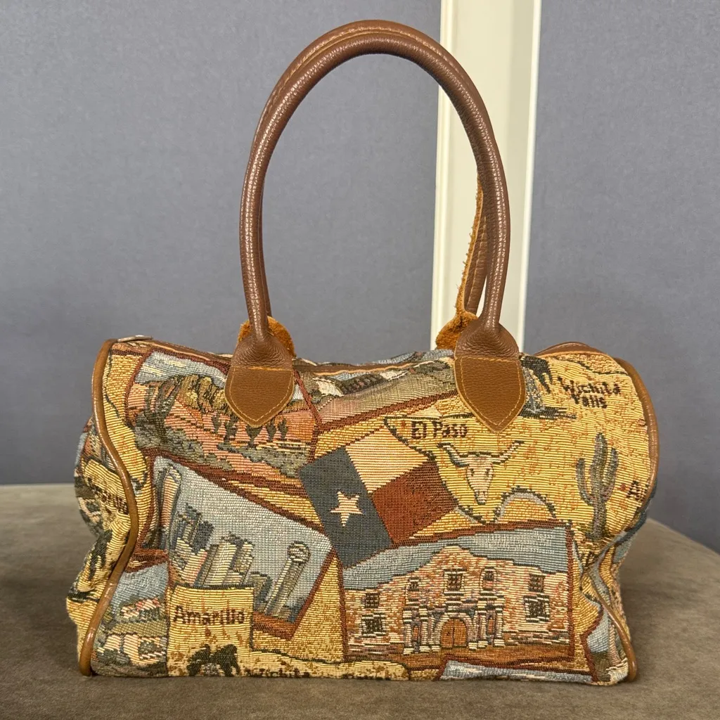 Unique Texas Themed Purse Handbag Tapestry Fabric Leather Handles and Trim Brown - Image 2